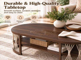 2-Tier Oval Coffee Table, 37.8" x 19.7" x 18.1", Melamine MDF & Iron Frame, Rattan Shelf, Walnut 26028317