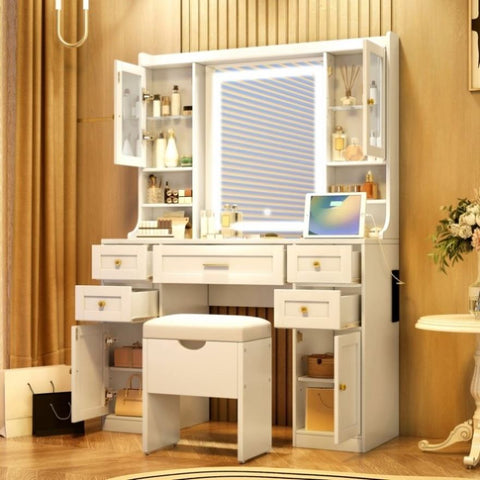 ZUN 41.4" Makeup Vanity Desk with Mirror and Lights, Makeup Table with 5 Drawers and 4 Cabinets, N704P210496K