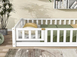 Full Size Floor Bed with Fence and Door,Rubber Wood Floor Bed with Safety Guardrails,White W504P296786