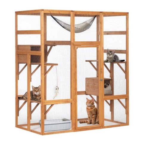 ZUN Outdoor Cat Enclosure, Large Wood Cat Cage with Sunlight Top Panel, Perches, Sleeping Boxes, Pet W2181P152977