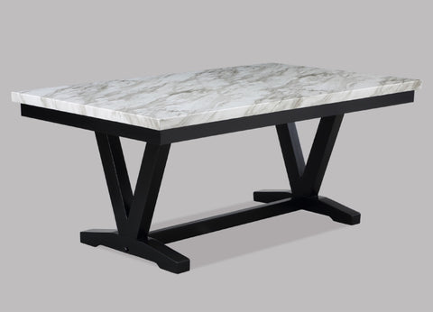 ZUN Modern White Faux Marble & Black Dining Room Rectangular Table V-Shape Trestle Design Wooden Base B011P191527