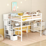 ZUN Full Size Loft Bed with Built-in Desk, Bookshelves and Storage Staircase,White 27873954