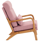 High Back Solid Wood Armrest Backrest Iron Frame Linen Indoor Leisure Chair Pink 73053534