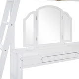 ZUN Full Wooden Loft Bed with U-shaped Desk,Storage Compartments and Tri-fold Mirror, White 71431452