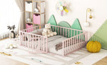 ZUN Full Size Metal Floor Bed Frame with Fence and Door, Pink MF307107AAH
