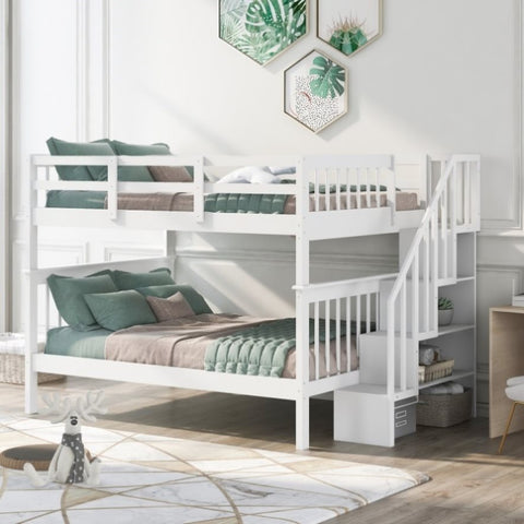 ZUN Stairway Full-Over-Full Bunk Bed with Storage and Guard Rail for Bedroom, Dorm, White color 79060264