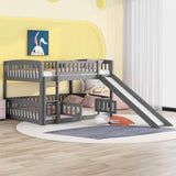 ZUN Bunk Bed with Slide,Full Over Full Low Bunk Bed with Fence and Ladder for Toddler Kids Teens Gray 86635158