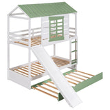 ZUN Twin over Twin Size House Bunk Bed with Convertible Slide and Trundle, White+Green 96145353
