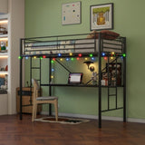 ZUN Twin Metal Loft Bed with Desk, Power Outlet and LED Lighted , Safety Guard & Ladder, No Box Spring W840P192240