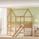 House Bunk Bed with Convertible Slide and Ladder, Floor Bunk Bed Twin Over Twin with Safety W1858P241096