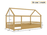 Twin Size Floor Wooden Bed with House Roof Frame, Fence Guardrails, W1858P310084