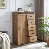 ZUN 5 Drawers Dresser w/Sliding Barn Door, Farmhouse Modern Tall Dresser 5 Chest of Drawers, Storage W2275P206614