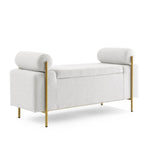 ZUN Elegant Upholstered Linen Storage Bench with Cylindrical Arms and Iron Legs for Hallway Living Room W487128010