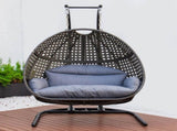 Charcoal Wicker Hanging Double-Seat Swing Chair with Stand w/Dust Blue Cushion MWTF-9716KD3
