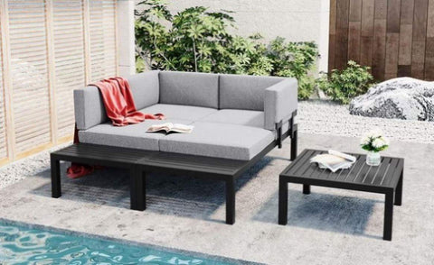 ZUN TOPMAX Outdoor 3-piece Aluminum Alloy Sectional Sofa Set with End Table and Coffee Table,Black WF285249AAE