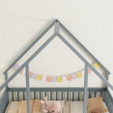 Full Wood House-Shaped Floor Bed with Fence, Guardrails,Grey W504P143293