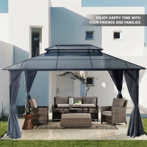 ZUN 10'x13' Hardtop Gazebo, Outdoor Polycarbonate Double Roof Canopy, Aluminum Frame Permanent Pavilion 45159897