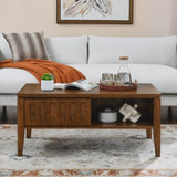 Mid Century Modern Fluted Coffee Table with Storage Sliding Door & Solid Leg, Vintage Farmhouse W1801P195680
