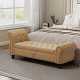 64.5" Bed Bench for Bed Room Nails Tufted Chaise of Lounge with Storage Velvet Upholstery Khaki W1097P202876