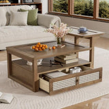 U-Can Modern Coffee Table, Coffee Table with 1 Storage Shelf, 2 Tabletops and 1 Rattan Drawer For N724P232190D