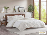 3 Piece Tufted Cotton Chenille Geometric Comforter Set Off-White Full/Queen B03597079