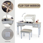 ZUN Mirrored Vanities Desk with Drawers, Bedroom Makeup Vanity Table Set with Mirror and Stool, Flip Up W2170140324