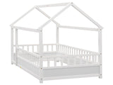 Twin Size Floor Wooden Bed with House Roof Frame, Fence Guardrails,White W1858123984