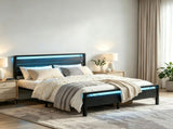 Full Size Metal Wood Platform Bed Frame, 3-Panel Black Wood Grain Headboard with LED Light & 14658083