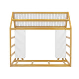 Wooden Twin Size House Bed with Fence and Roof, Kids Floor Bed with Two Movable Wardrobes, Natural N733P240134M