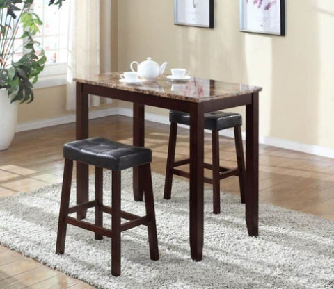 ZUN 3-Piece Counter Height Glossy Print Marble Breakfast Table with Stools, Espresso T2574P164801