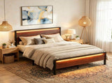 Full Size Metal Wood Platform Bed Frame, 3-Panel Reddish Brown Wood Grain Headboard with LED Light & 84757883