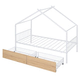 ZUN Twin Size Metal House Bed with Two Drawers, White MF323483AAK