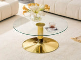 27.5-inch diameter round tempered glass coffee table. 17.7 inches high, supported by a golden metal W1151P439524