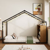 Twin Size Metal Bed House Bed Frame with Shelves and Lights, Black N737P176708B
