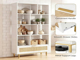 White Rattan Drawer Bookcase 8 Open Cubbies, Freestanding Engineered Wood Storage Display Shelf 16893982