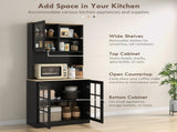 72" Black Kitchen Pantry Storage Cabinet with Hutch, Large Countertop & Adjustable Glass Door 08158916