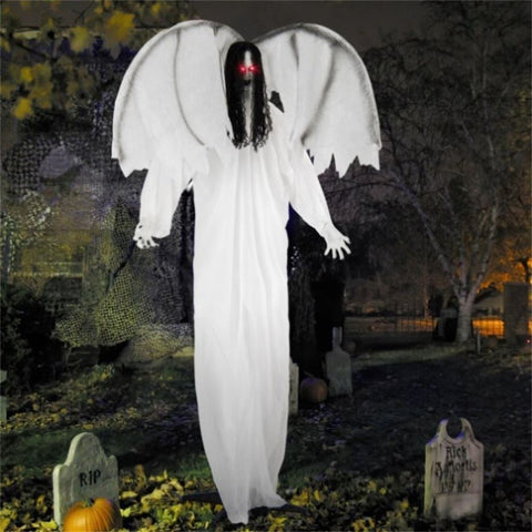 6.6 ft Life-Size Animated Halloween Angel Prop - Long Black Curly Hair, Sound-Activated , Automatic 00895288