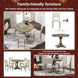 5-Piece Retro Round Dining Table Set with Curved Trestle Style Table Legs and 4 Upholstered Chairs 22968262