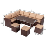 ZUN 8-Piece Set Outdoor Rattan Dining Table And Chair Brown Wood Grain Rattan Khaki Cushion Plastic Wood 17128185