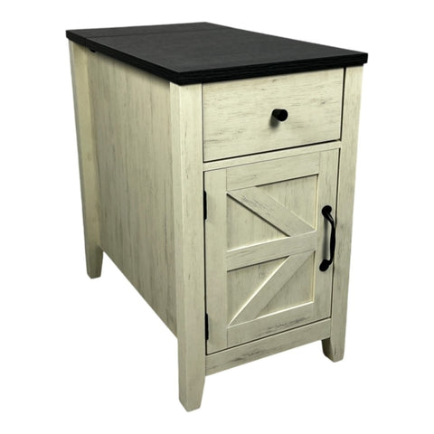 ZUN Farmhouse End Table Bedside Table with Charging Station,Night Stand with Barn Door and Drawer, W1412P230408