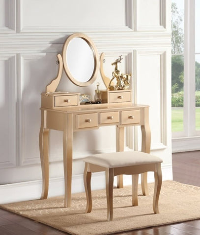 ZUN Ashley Wood Make-Up Vanity Table and Stool Set, Ashley Wood Makeup Vanity Table and Stool Set, Gold T2574P265586