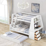 ZUN Twin over Full Bunk Bed with Trundle and Built-in Desk, Three Storage Drawers and Shelf,White 26505764