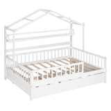 ZUN Wooden Full Size House Bed with Twin Size Trundle,Kids Bed with Shelf, White 90541067