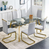 ZUN Modern minimalist style rectangular glass dining table with tempered glass tabletop and golden metal 09018407