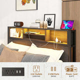 Full Size Bed Frame with Storage Headboard, Metal Platform Bed with Charging Station, Bookcase W840P201068