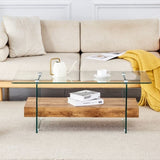 ZUN 43.3 Inch Modern Two-Tier Coffee Table - An Elegant Combination of Clear Glass and Light Wood W2920P226066