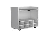32" H white bar- coffee cart, Kitchen or living room cabinet storage with 4 wheels, with 8 bottle B097133141