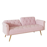 A 69.7-inch-long sofa bed covered in pink velvet fabric, featuring nail head trimndccompanied by W3356P298450