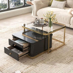 ZUN Modern 2 Pieces Black Square Nesting Coffee Table with Drawers & Electroplated gold legs in 27.6'' 91573413