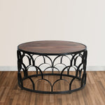 ZUN 32 Inch Round Coffee Table, Mango Wood Top, Lattice Cut Out Metal Frame, Brown, Black B05691253